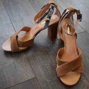 Halogen Suede Leather Strap Sandal Heels with Faux Snake Print Ankle Str…